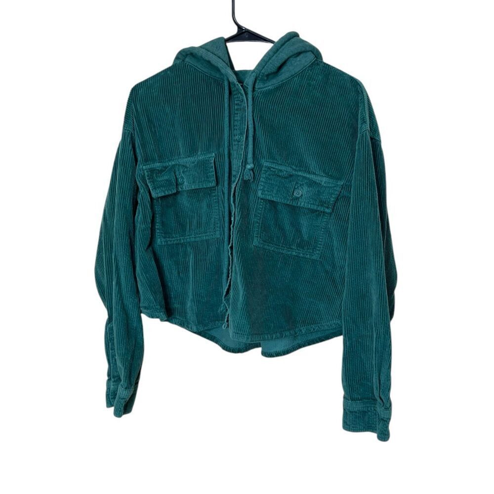 American Eagle Corduroy Button-Up Cropped Shirt Jacket Shacket Green Size L